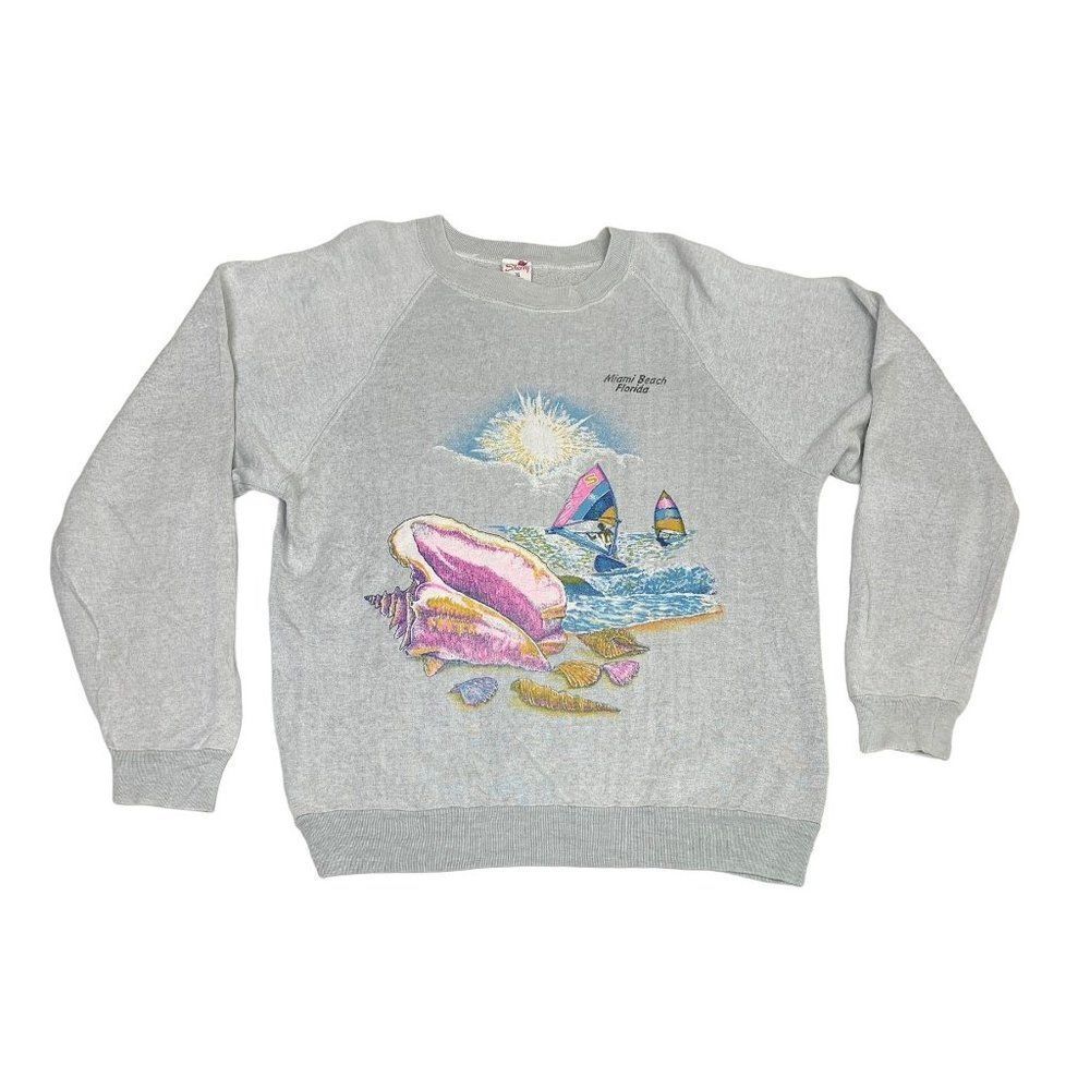 Vintage Miami Florida Sweatshirt Grey XL Seashells Tourist Wind Surfing Beach